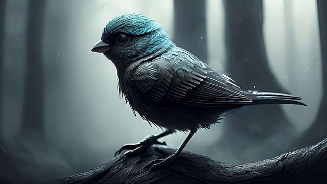 breathtaking picture of a cute little bird  intricate details  dark forest  dark atmosphere