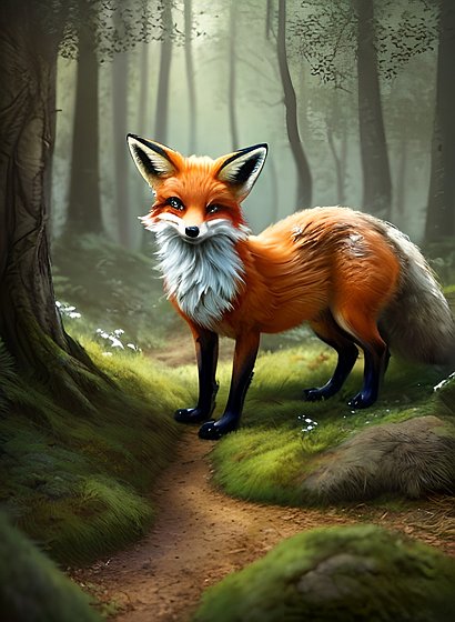 fairytale painting of a fox in a forest, intricate details
