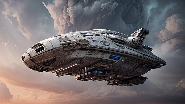 award winning photo of a spaceship, intricate realistic details, amazing clouds