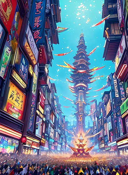gigantic festive anime parade  thousands of people  anime movie