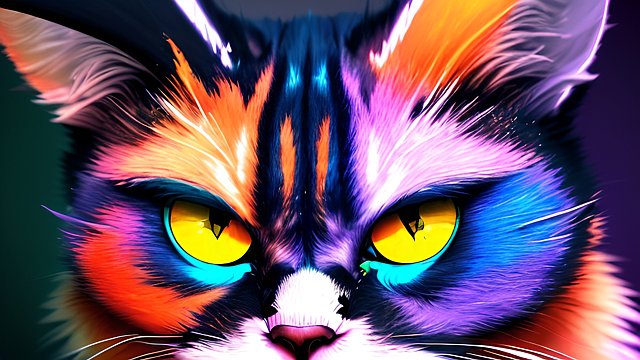 insane angry mad cat, colorful beautiful, dark background, award winning colorful painting
