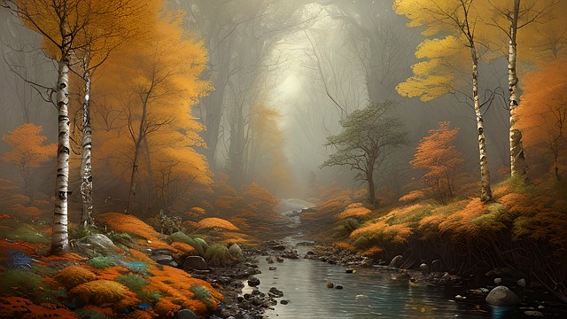 insanely detailed and intricate  hypermaximalist  elegant  hyper realistic  super detailed  8K  vivid colors  open sky  Autumn watercolor painting of a stony stream with birch forest on the banks All kept in typical yellow-orange-red autumn colors by Rembrandt van Rijn Michal Karcz 05 Larry Elmore John Atkinson Grimshaw Nene Thomas 05