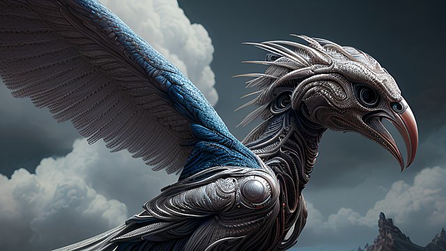 breathtaking portrait photo of an extraterrestrial bird  intricate realistic details  amazing clouds