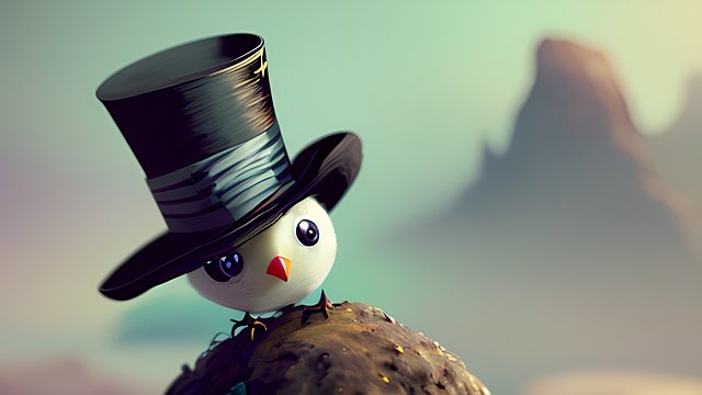 a cute little bird wearing a top hat, intricate details, amazing landscape background