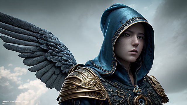 the most breathtaking award winning amazing 4k uhd detailed fascinating photo of a hooded male dark angel with blue sky clouds  intricate realistic details
