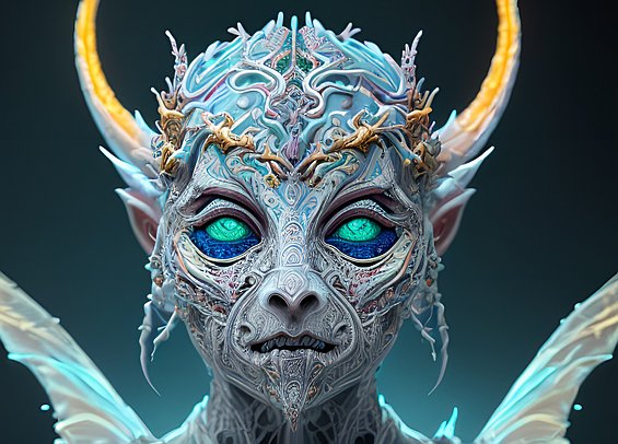 ethereal draconic white face, beautiful colorful, intricate details, dark background, award winning colorful painting