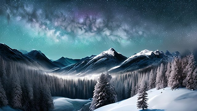 4k breathtaking photo of a snowy forest mountains  night starry sky  milky way  intricate realistic details