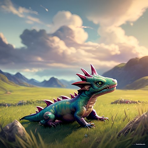 a whimsical cute little dragon in the grass  beautiful landscape  clouds