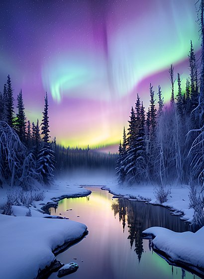 photo of beautiful northern lights  award winning shot  realistic  snowy forest and river and fog  water reflections