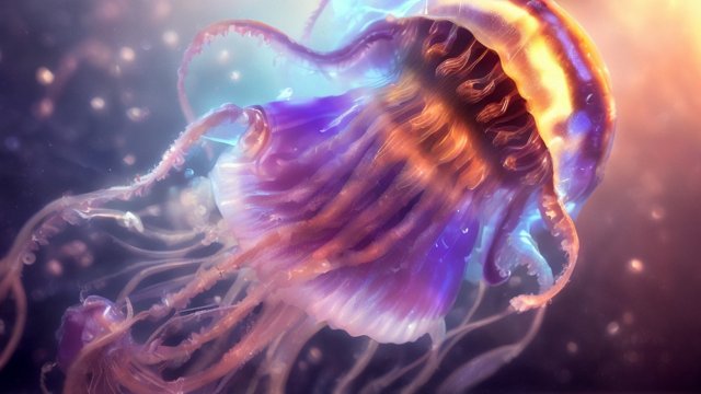 breathtaking photo of a jellyfish in the deep sea, realistic, award winning shot, reflections, intricate details