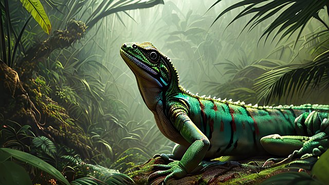the most absolute insane mesmerizing award winning painting of a lizard in a jungle