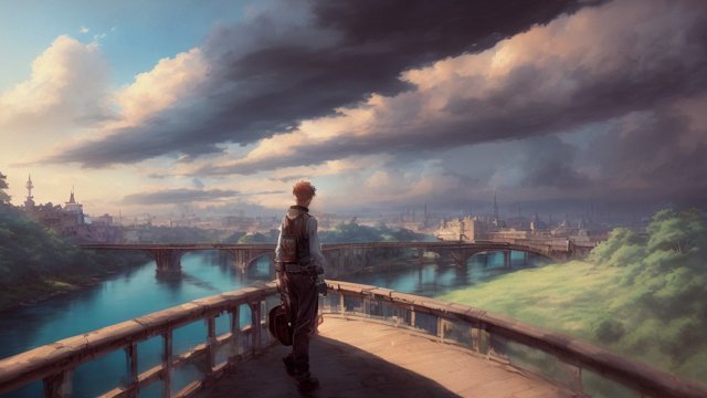 a guy on a bridge  beautiful landscape  anime drawing  anime  clouds