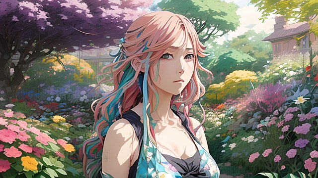 anime face  colorful hairs  in a garden  anime drawing  anime