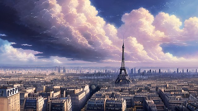 breathtaking anime painting of paris in an anime or manga style, manga, in the open with astonishing clouds