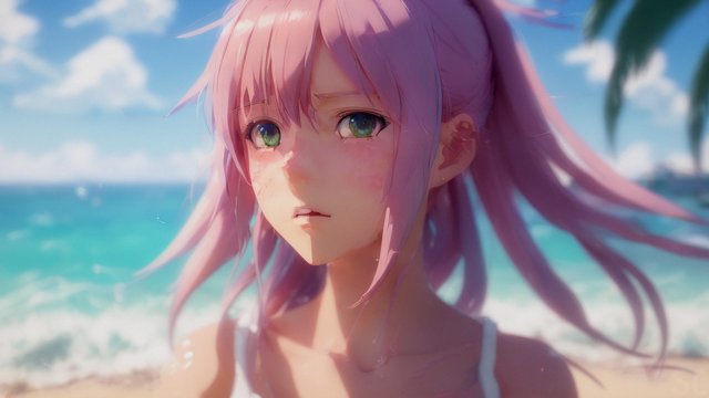 portrait of an anime character on beach during summer  soft anime style  slice of life