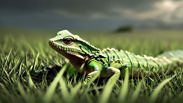 a beautiful little lizard in the grass  beautiful landscape  clouds  award winning shot