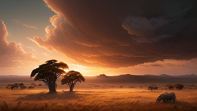 award winning painting of savanna, intricate realistic details, amazing clouds