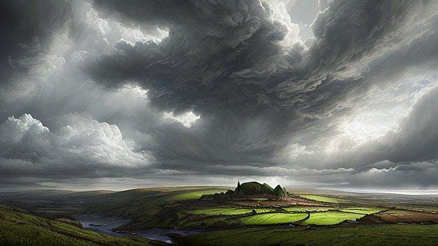 award winning breathtaking shot of irish countryside - high resolution  intricate realistic details  breathtaking clouds  photorealistic