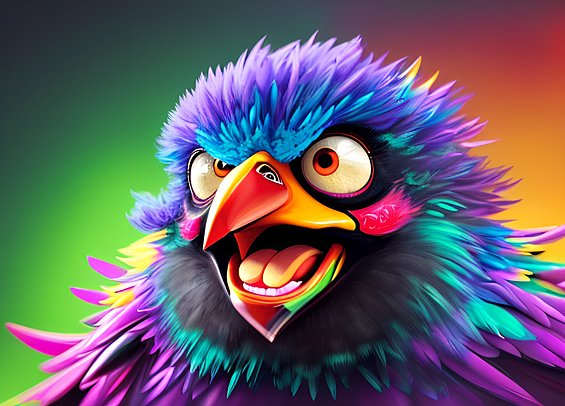smiling insane angry mad bird  colorful beautiful  dark background  award winning colorful painting