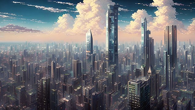 breathtaking anime painting of skyscrapers in an anime or manga style  manga  in the open with astonishing clouds