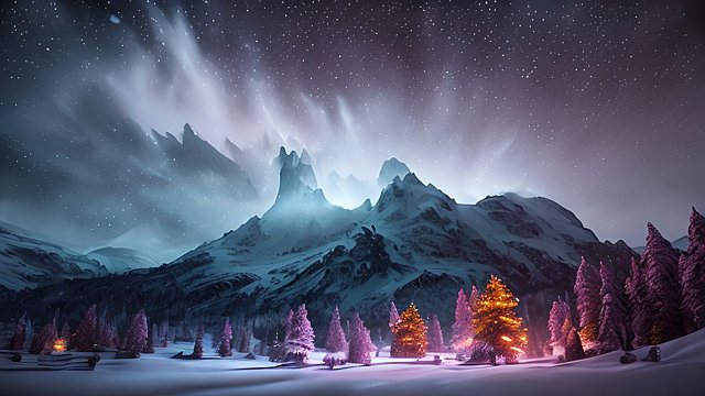 breathtaking photo of a night snowy landscape with a nebulae  colorful  intricate realistic details