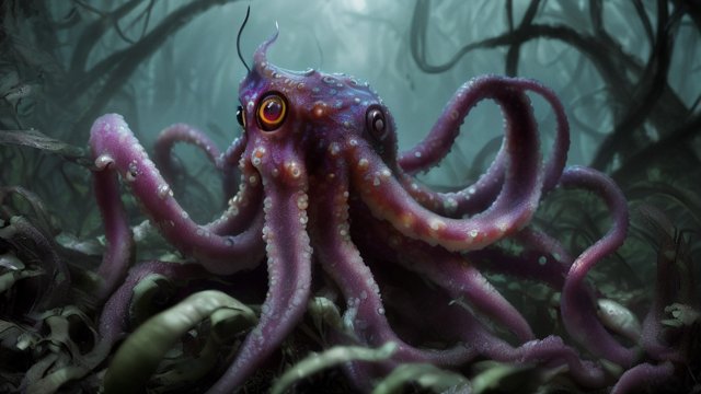 award winning photo of a mesmerizing creepy squid in a dark jungle  intricate realistic details