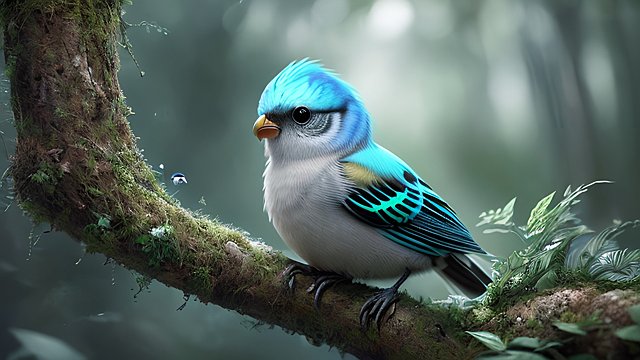 award winning close photo of a mesmerizing cute bird in a forest  intricate realistic details  amazing clouds