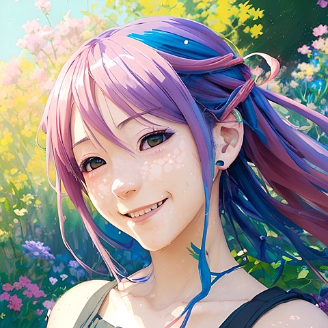 smiling anime face  colorful hairs  in a garden  anime drawing  anime