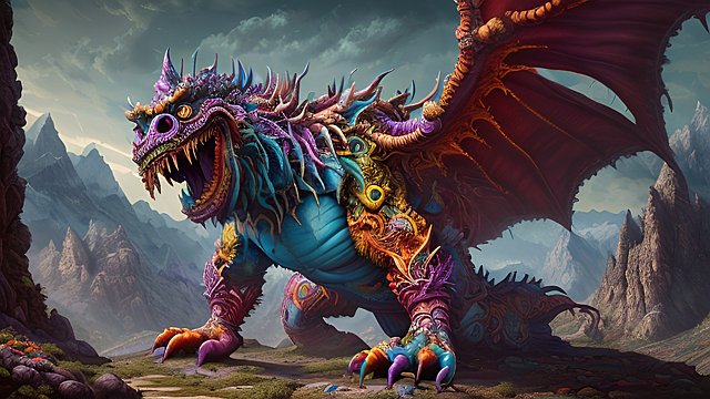 breathtaking colorful painting of a gigantic whimsical monster in mountains  intricate details