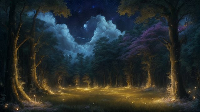 breathtaking painting of a forest with fireflies under the moonlit sky  thoughts wander like fireflies  clear sky  breathtaking clouds  in the morning