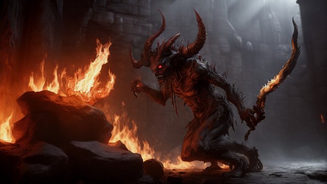 a scary little demon with fire around in a dungeon