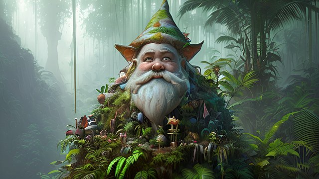 the most absolute insane mesmerizing award winning painting of a gnome in a jungle