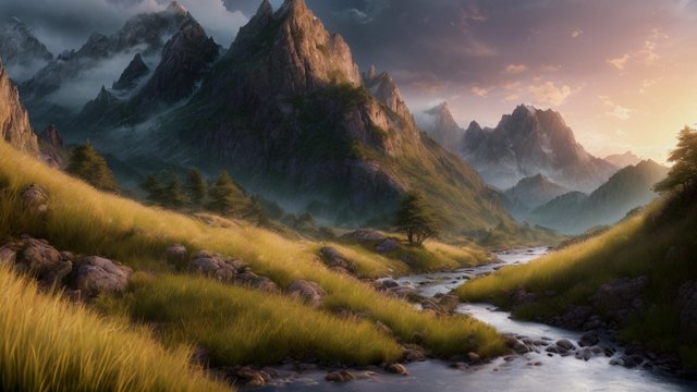 award winning photo of mountains and rivers, intricate realistic details, in a grass field, amazing clouds