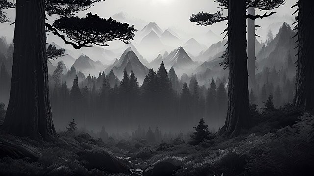 forest mountains, dark atmosphere, black and white, dark contrast