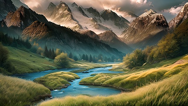 award winning mesmerizing photo of mountains and rivers, intricate realistic details, in a grass field, intricate realistic details, amazing clouds
