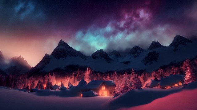 4k breathtaking night snowy landscape with a nebulae  colorful  intricate realistic details