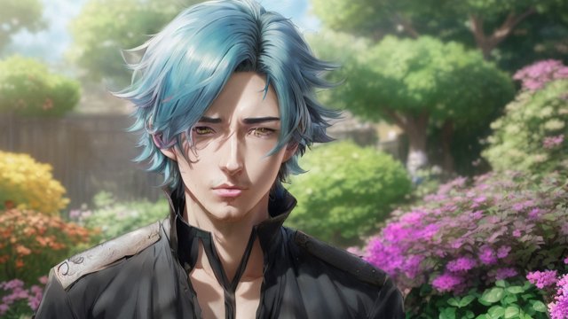 breathtaking anime male face, colorful hairs, in a garden, anime drawing, anime manga style