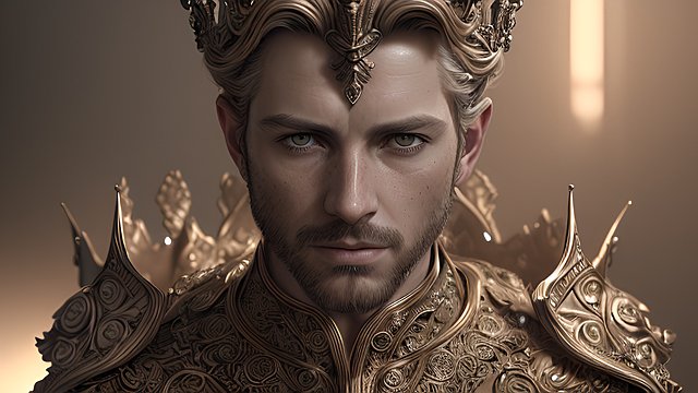 the most breathtaking award winning portrait of a male hero with an elegant crown  intricate realistic details  dark shades