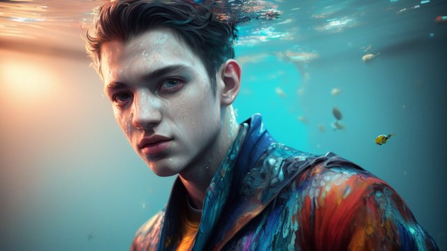 breathtaking colorful painting of a boy underwater, intricate details