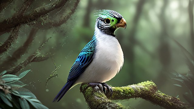 award winning close photo of a mesmerizing cute bird in a forest  intricate realistic details  amazing clouds