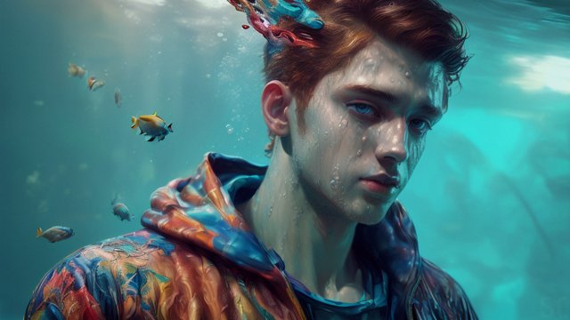 breathtaking colorful painting of a boy underwater, intricate details