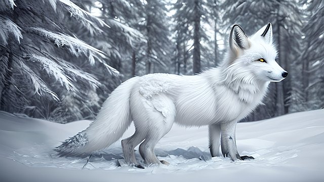 4k breathtaking photo of a white fox in snowy forest mountains  intricate realistic details