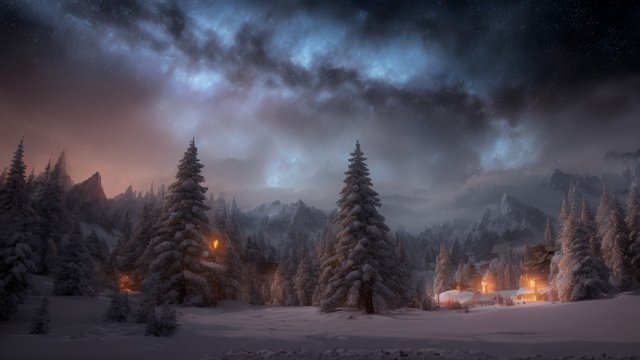 4k breathtaking night snowy landscape with a nebulae  colorful  intricate realistic details