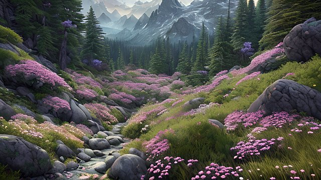 4k breathtaking photo of mountain forests  flowers on a rocky mountain slope intricate realistic details