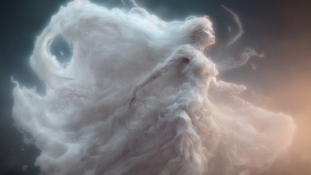 breathtaking shot of an artistic spectral ghost lady floating, spectral shred white dress, epic detailed view, intricate realistic details
