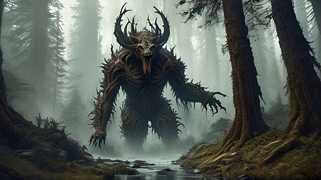 breathtaking painting of a gigantic monster in forest mountain  intricate realistic details