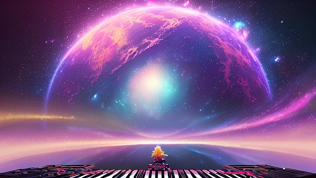 Create a keyboardist on a grand stage with a vibrant galaxy backdrop, photorealistic, detailed 