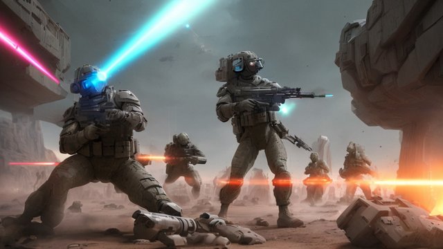 soldiers fighting a military fight with laserguns in a futuristic landscape with futuristic soldiers  soldiers on ground