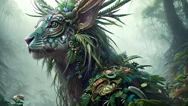 award winning portrait painting mesmerizing creature in a fantasy jungle  intricate realistic details  amazing clouds
