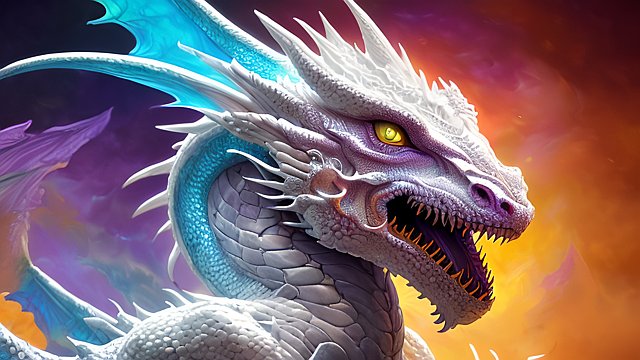 ethereal face of a white dragon  beautiful colorful  intricate details  dark colorful background  award winning colorful painting